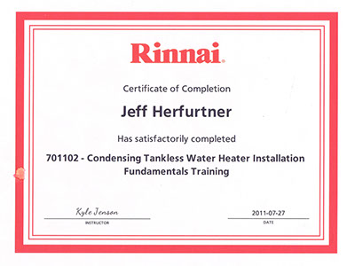 Rinnai Certificate of Completion-Master Plumber and Heating Specialist