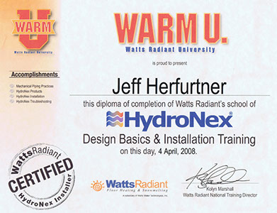Certified HydroNex Design Basics & Installer-Master Plumber and Heating Specialist